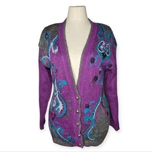 SK & Company Vintage Mohair Blend Purple Abstract Knit Button Cardigan